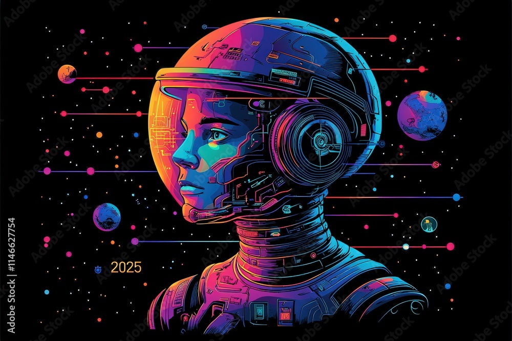 A vibrant and colorful artistic representation shows a female astronaut in a space suit. She gazes into the cosmos, surrounded by planets and stars, reflecting a sense of adventure and discovery.