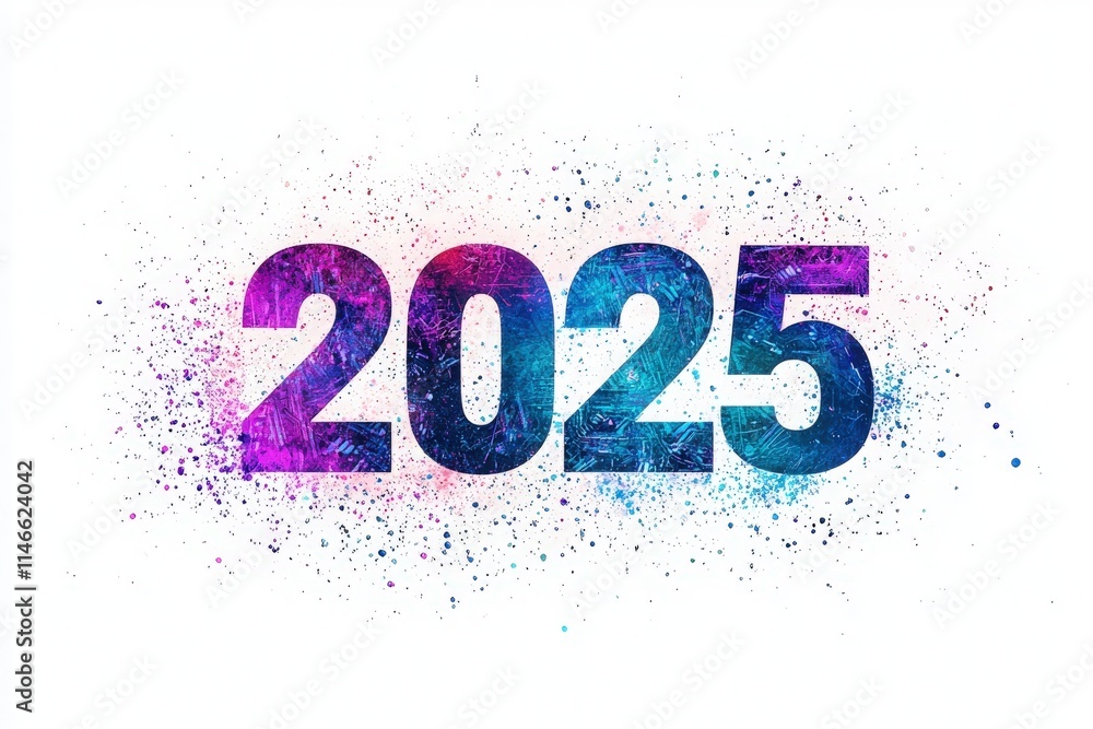 A vibrant and colorful design displaying the number 2025 with a splatter effect. This creative artwork captures attention with its bright hues and can be used for various artistic projects.