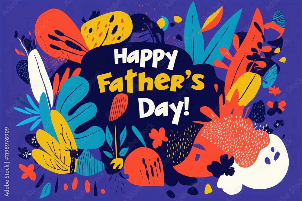 A vibrant and colorful design showcases a joyful message for Fathers Day, surrounded by bold floral and leaf illustrations in various bright colors, creating a festive atmosphere.