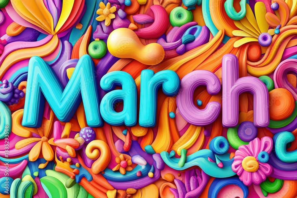 A vibrant and colorful representation of the word March surrounded by playful shapes and floral details. The lively colors evoke a sense of joy and renewal typical of spring.