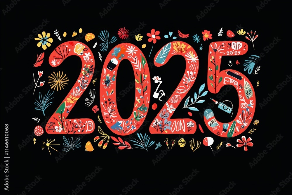 A vibrant and creative depiction of the year 2025 is filled with colorful flowers and whimsical designs. This artwork reflects a joyful and optimistic vibe, perfect for celebrating the future.