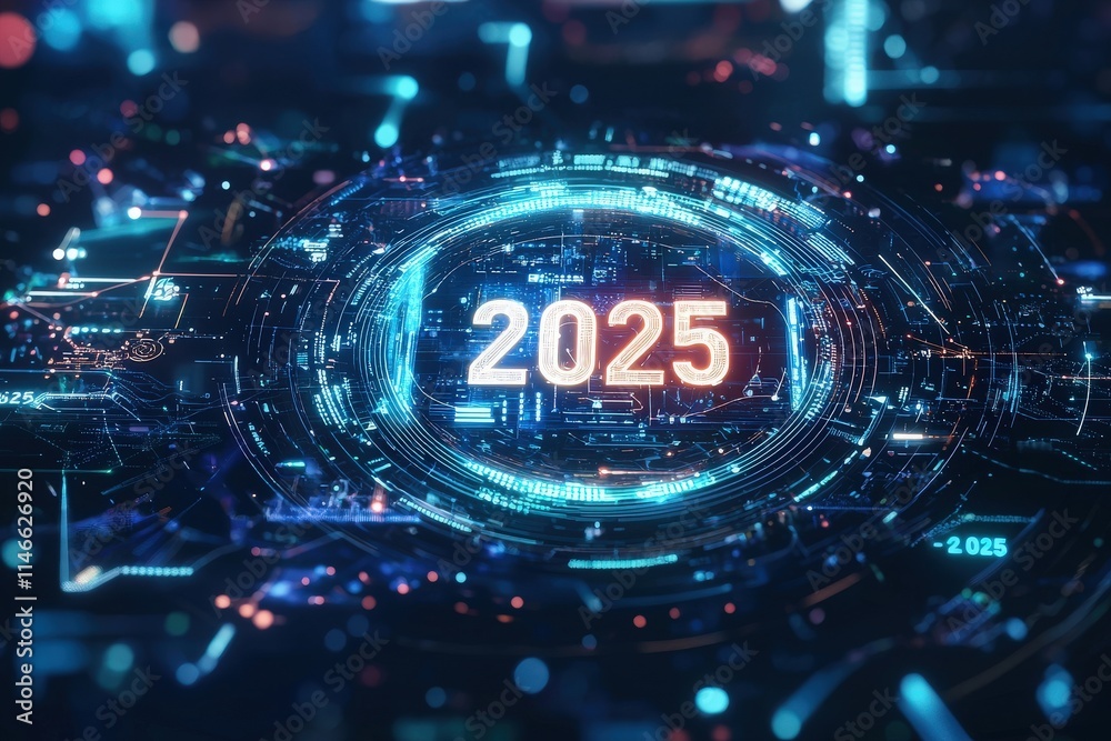 A vibrant and dynamic visual showcases the year 2025 inside a circular design made of glowing lines and digital patterns. The background features abstract technology elements, suggesting innovation.