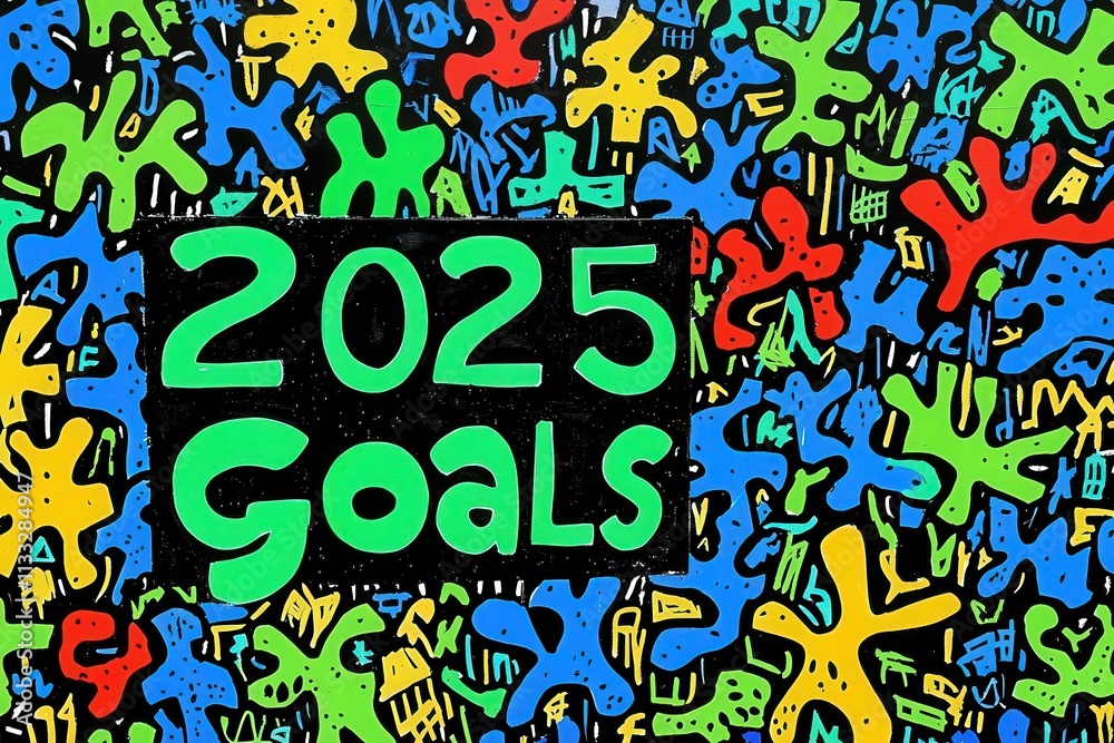 A vibrant and playful background filled with abstract shapes creates a lively atmosphere, emphasizing the bold text that reads 2025 goals. The mixture of colors adds energy and motivation.