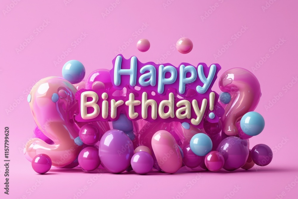 A vibrant and playful birthday greeting features bold lettering saying happy birthday, surrounded by glossy, colorful bubbles and shapes in various sizes, creating a festive atmosphere.