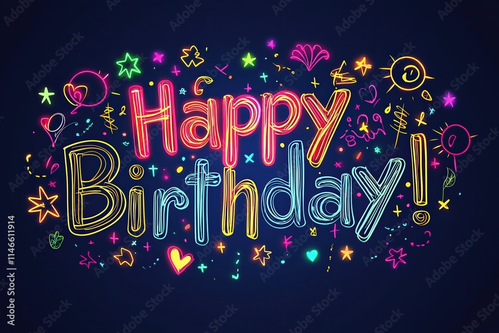 A vibrant and playful birthday greeting features the words Happy Birthday in neon colors. The background is dark, enhancing the colorful doodles and festive elements surrounding the text.