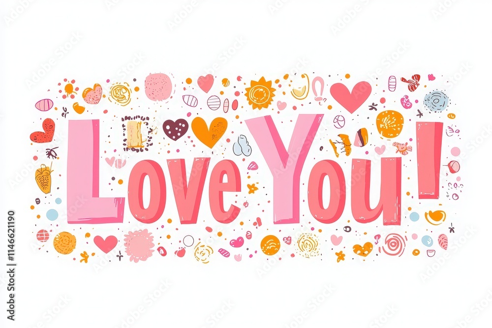 A vibrant and playful design features the phrase Love You! in bold letters, surrounded by hearts, flowers, and fun doodles, perfect for celebrations and expressing affection.