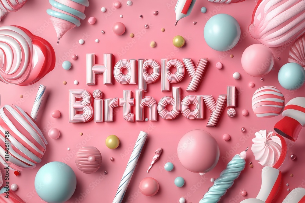 A vibrant arrangement features candies, lollipops, and balloons against a pink background. The cheerful message Happy Birthday stands out, creating a festive atmosphere for celebrations.