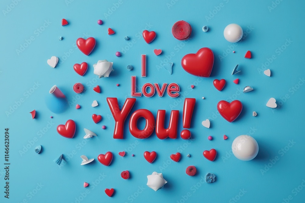 A vibrant arrangement features red and white hearts alongside decorative elements, highlighting the message I Love You in bold letters against a light blue backdrop, perfect for romantic occasions.
