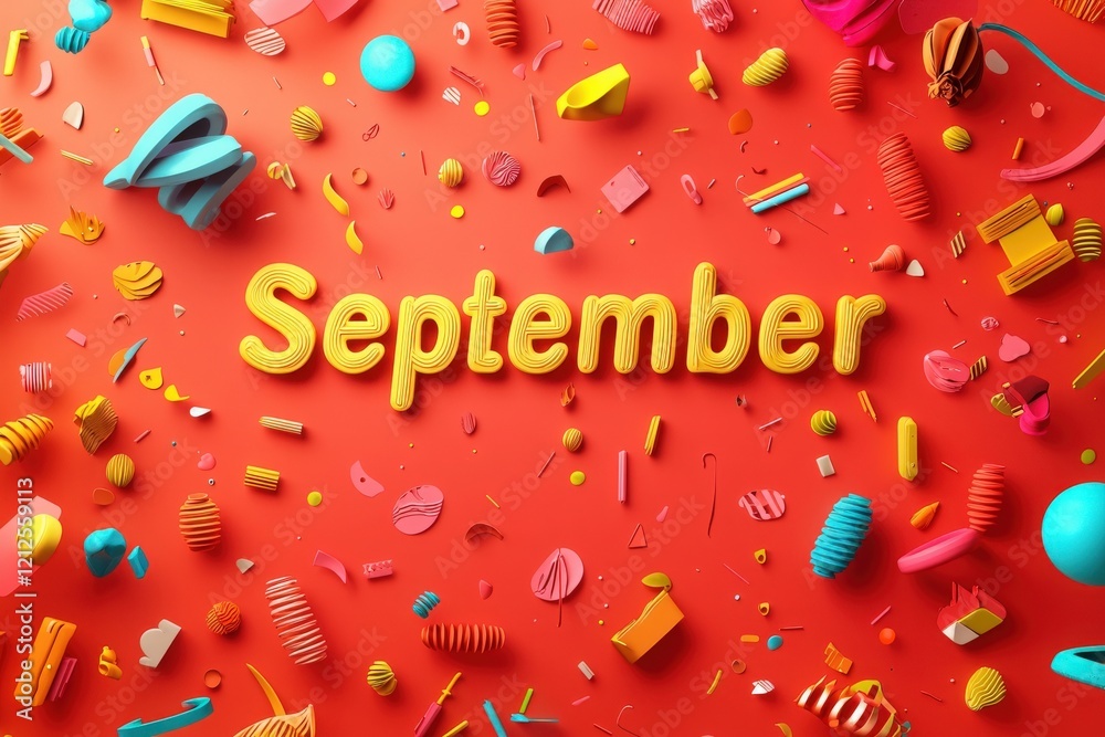 A vibrant arrangement features the word September in bold yellow surrounded by various playful shapes and colorful patterns. This lively composition showcases creativity and seasonal cheer.