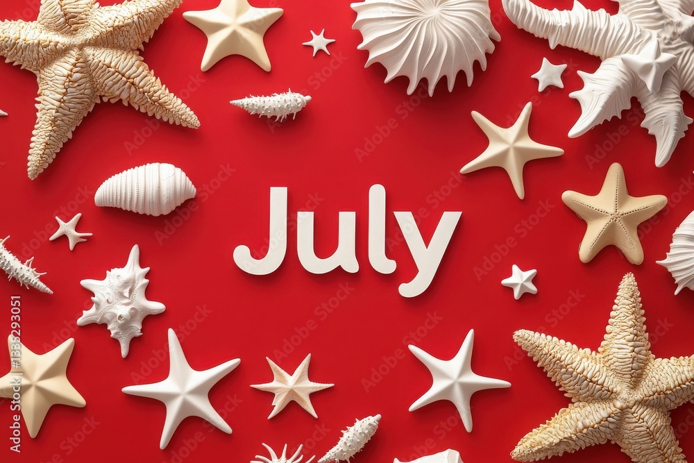 A vibrant arrangement features various white seashells and starfish on a bold red background, highlighting the word July in large, playful font.