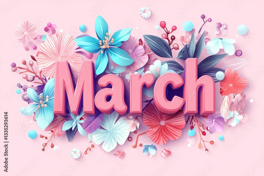 A vibrant arrangement filled with various flowers and plants in shades of pink, blue, and purple, prominently featuring the word March in 3D letters against a soft pink background.