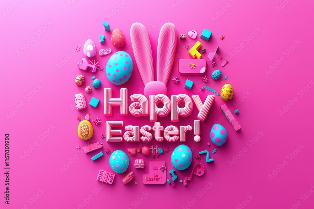 A vibrant arrangement of Easter decorations featuring colorful eggs, playful bunny ears, and joyful text conveying Happy Easter. The bright pink background enhances the festive mood.