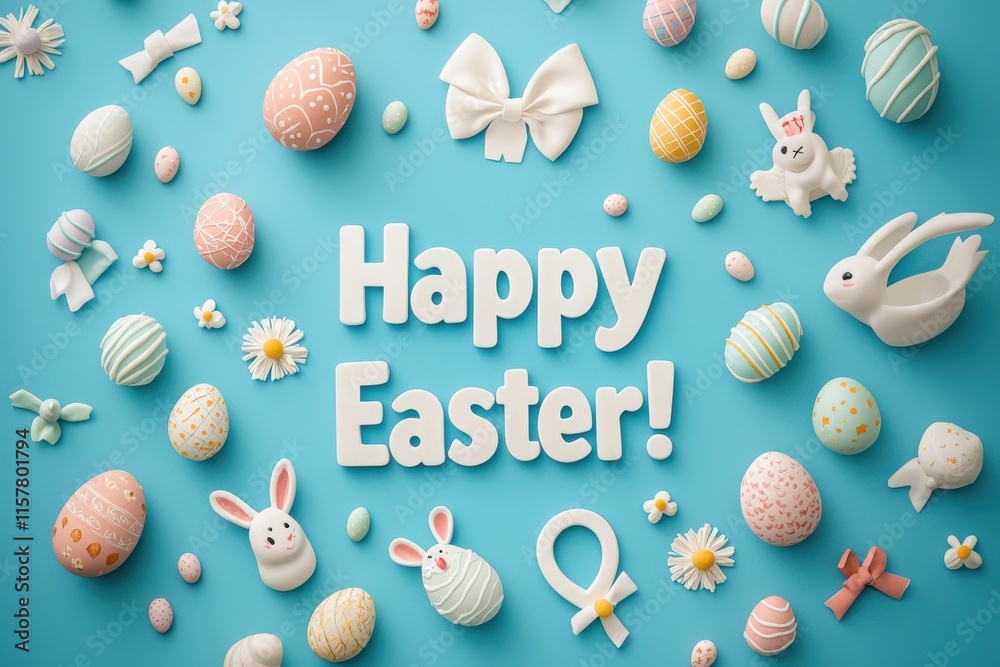 A vibrant arrangement of Easter eggs, bunnies, and flowers on a blue background celebrates the holiday. The display includes pastel-colored items and cheerful text wishing a Happy Easter.