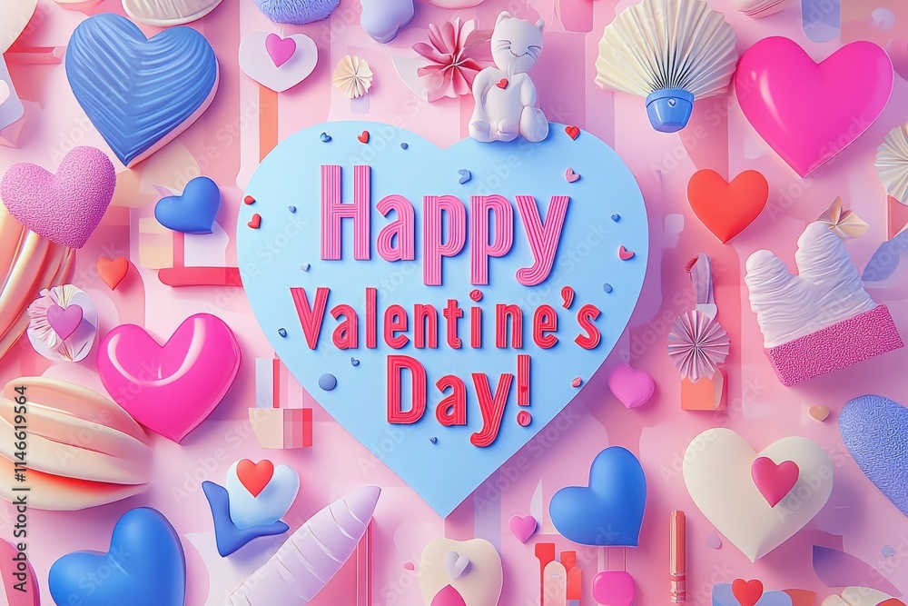 A vibrant arrangement of Valentines Day decorations showcases various hearts, candies, and figurines on a pink background. The cheerful display is perfect for celebrating love and affection.