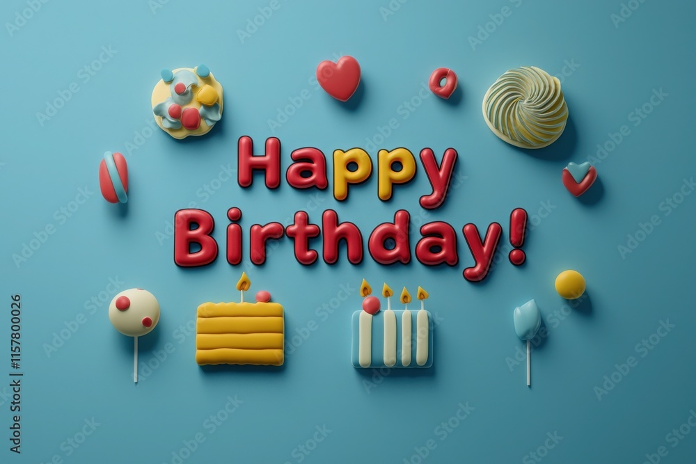 A vibrant arrangement of birthday-themed decorations features a joyful Happy Birthday message surrounded by colorful sweets like cakes, lollipops, and candies on a blue background.