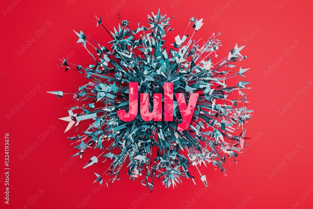 A vibrant arrangement of colorful shapes bursts outward from the bold red background, prominently featuring the word July in the center. The mix of textures and colors creates a dynamic visual effect.