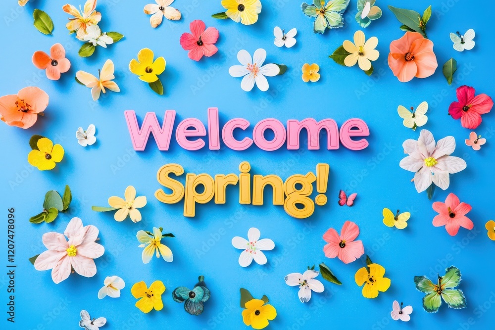 A vibrant arrangement of flowers and butterflies welcomes the spring season. The bright colors and cheerful message create a festive atmosphere perfect for celebrations.