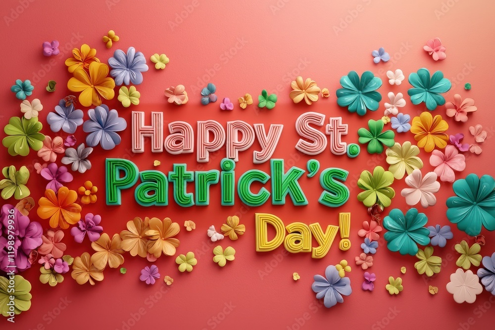 A vibrant arrangement of flowers surrounding a cheerful greeting for St. Patricks Day. The colorful flowers and playful lettering enhance the festive mood, celebrating the holidays spirit.