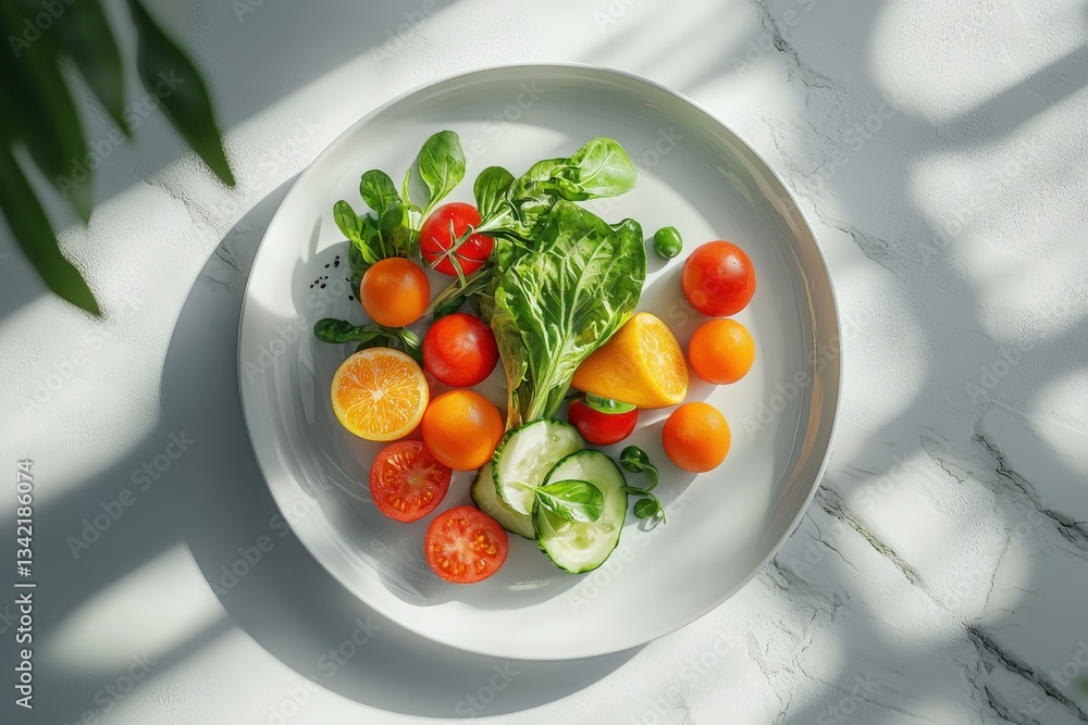 A vibrant arrangement of fresh vegetables and fruits, including lettuce, tomatoes, cucumbers, and citrus. The natural light highlights their colors on a textured surface during daytime.