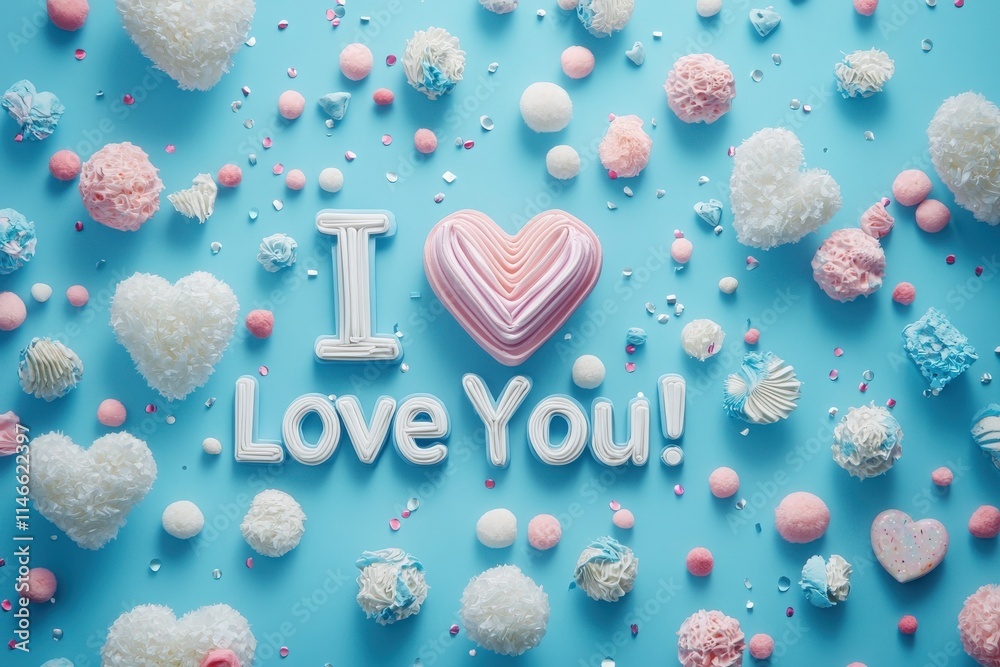 A vibrant arrangement of pink, white, and blue decorations features heart shapes and sweet confections, creating a playful and festive atmosphere ideal for a Valentines Day celebration.