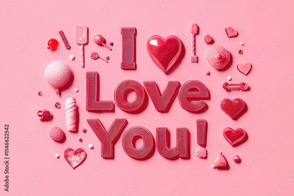 A vibrant arrangement of sweets and decorative elements forms the words I love you against a pink background. The colorful layout features hearts, candies, and other festive items.