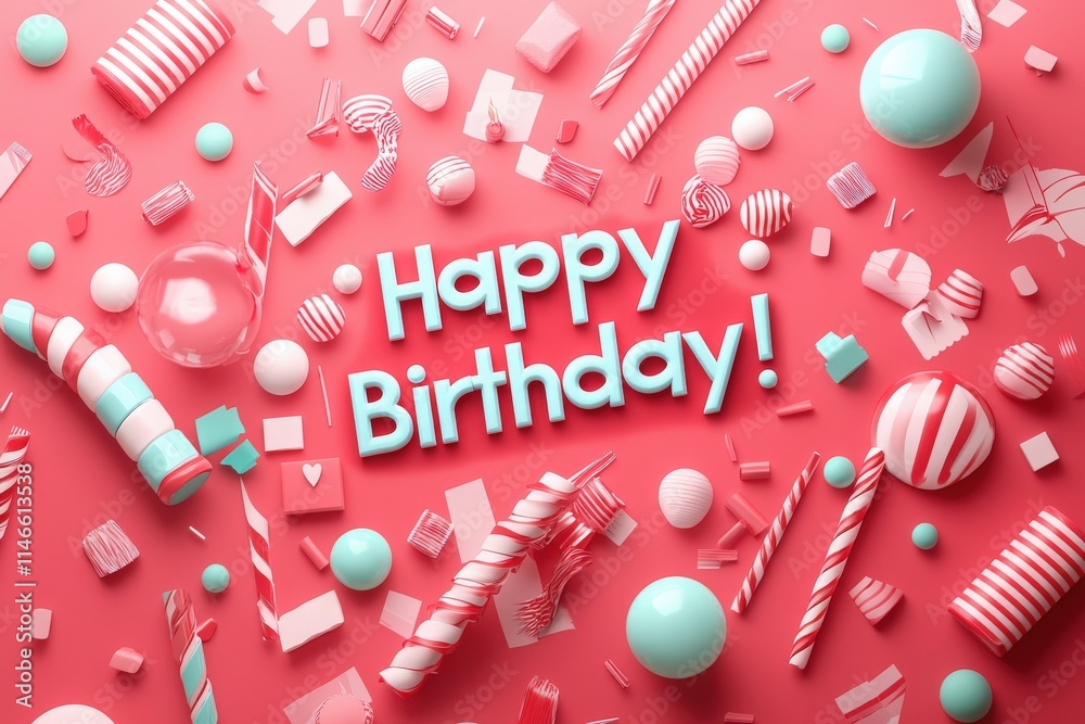 A vibrant arrangement of various candy and decoration items in shades of pink, blue, and white celebrates a birthday. The cheerful composition features treat patterns, adding excitement and joy.