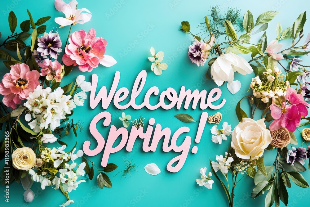 A vibrant arrangement of various flowers in pastel shades surrounds the cheerful message welcoming spring. This design captures the essence of the season with a fresh and lively feel.