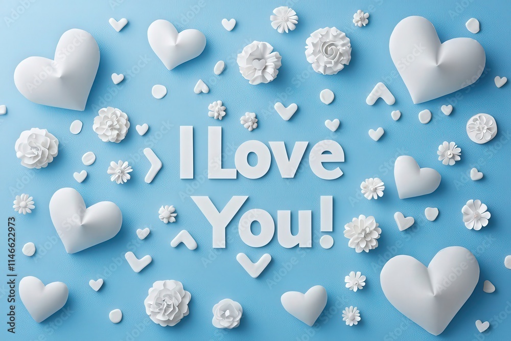 A vibrant arrangement of white hearts and flowers is artistically placed against a light blue backdrop, featuring the uplifting words I Love You! prominently displayed in the center.