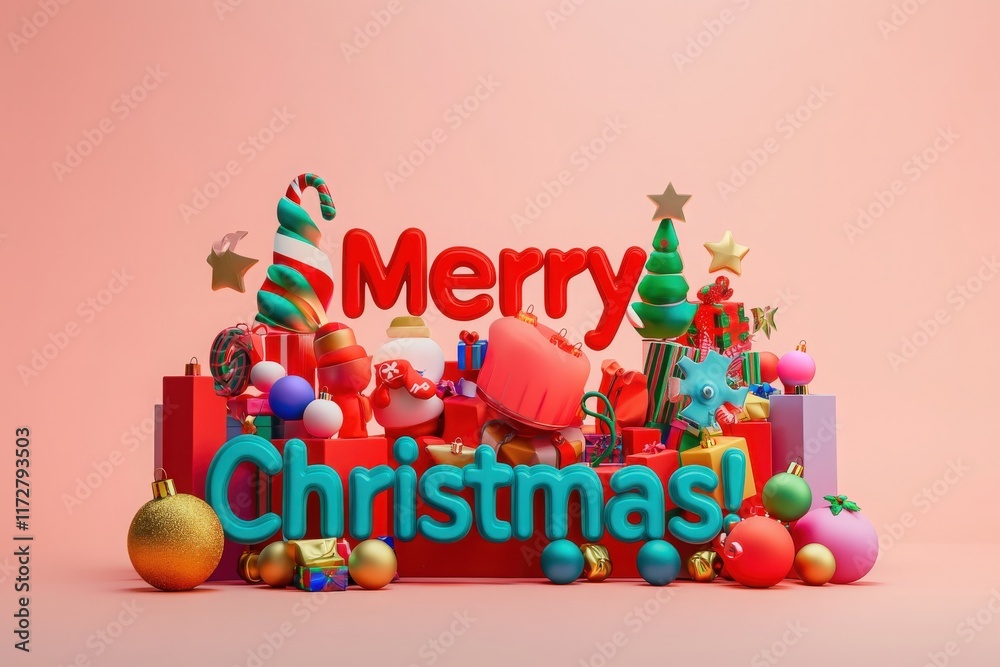 A vibrant arrangement showcases cheerful Christmas elements including colorful ornaments, gifts, and seasonal decorations. The festive atmosphere emphasizes joy and celebration.