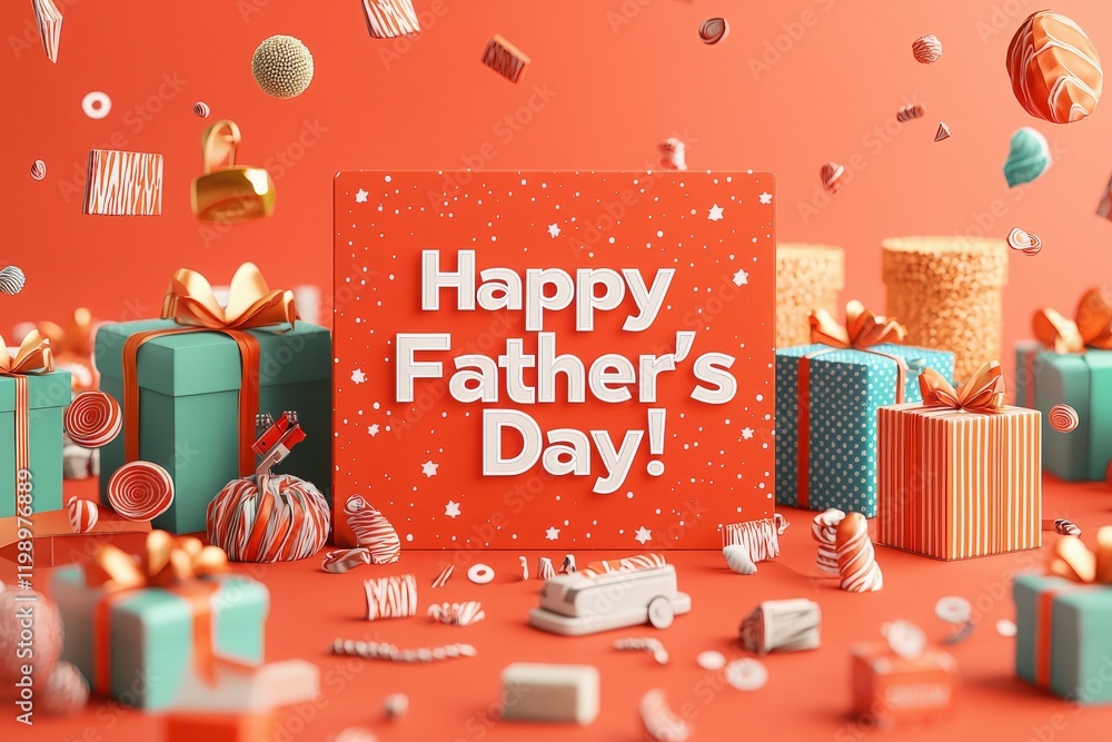A vibrant arrangement showcasing a Happy Fathers Day sign surrounded by wrapped gifts and assorted treats. The colorful setup creates a joyful atmosphere perfect for the holiday celebration.