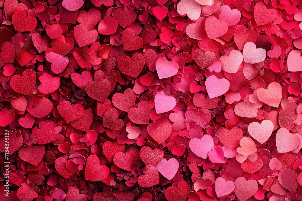 A vibrant array of pink and red heart-shaped cutouts covers the surface, creating a festive atmosphere perfect for Valentines Day celebrations or romantic occasions.