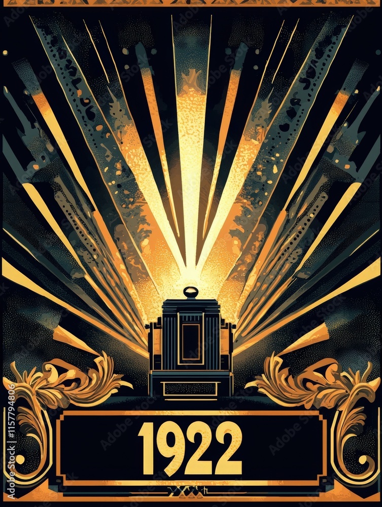 A vibrant art deco illustration showcases a central ornate structure, surrounded by golden rays. The year 1922 is prominently displayed at the bottom, evoking a sense of nostalgia for that era.