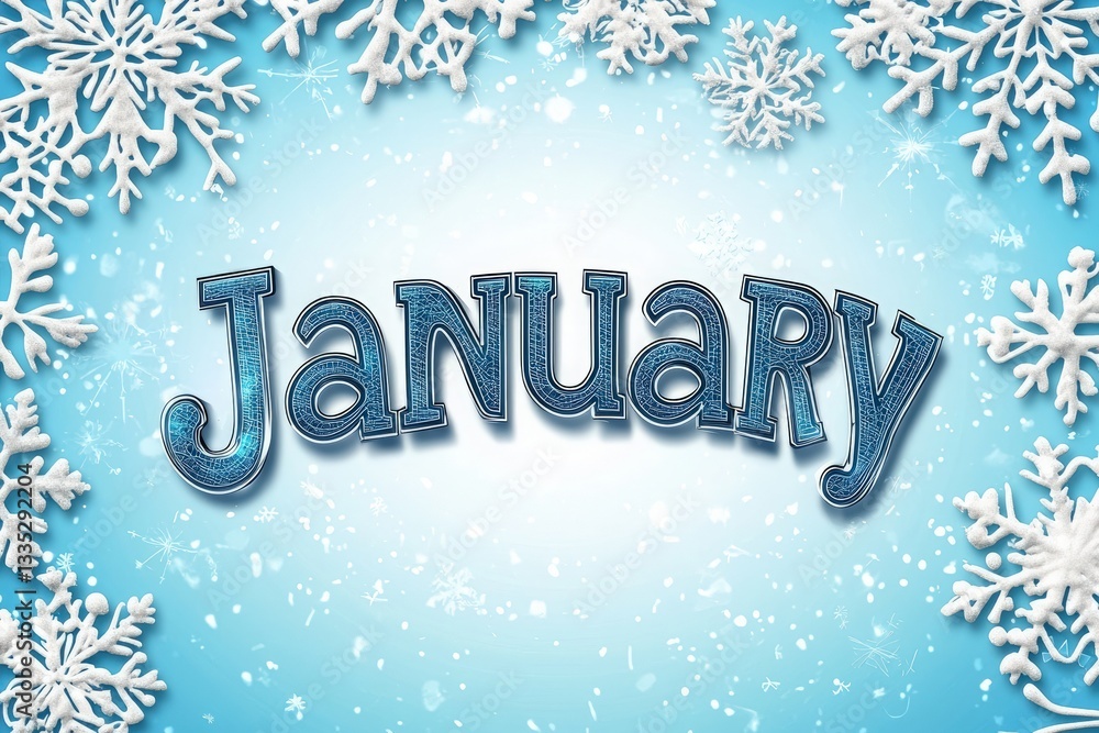 A vibrant artistic display features the word January in large, bold letters amidst delicate snowflakes and a light blue background, evoking the beauty and chill of winter.