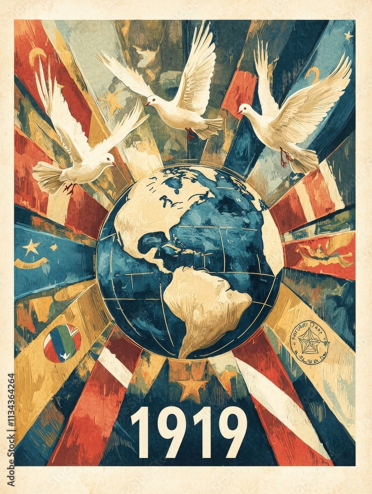 A vibrant artistic representation features a globe at the center, encircled by doves, symbols of peace. Background elements reflect global unity and significant events from 1919.