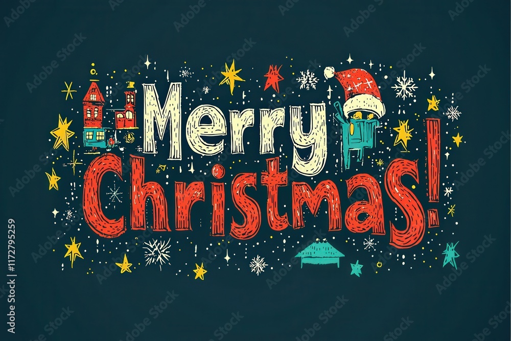 A vibrant artwork featuring the phrase Merry Christmas surrounded by colorful stars, snowflakes, and holiday-themed decorations, creating a joyful and festive atmosphere.