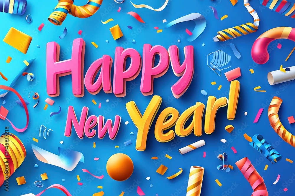 A vibrant banner features the phrase Happy New Year in bright colors, surrounded by colorful confetti, streamers, and party decorations, creating a festive atmosphere for the celebration.