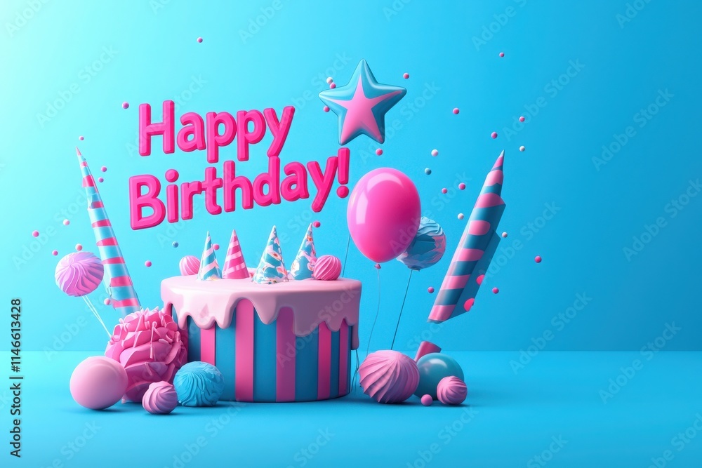 A vibrant birthday cake with pink and blue stripes sits on a blue background, surrounded by party decorations. Colorful balloons, candles, and sweets celebrate a festive moment.
