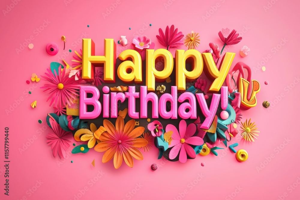 A vibrant birthday greeting features the text Happy Birthday in bold letters surrounded by colorful flowers and decorations. The cheerful design creates a festive atmosphere perfect for celebrations.
