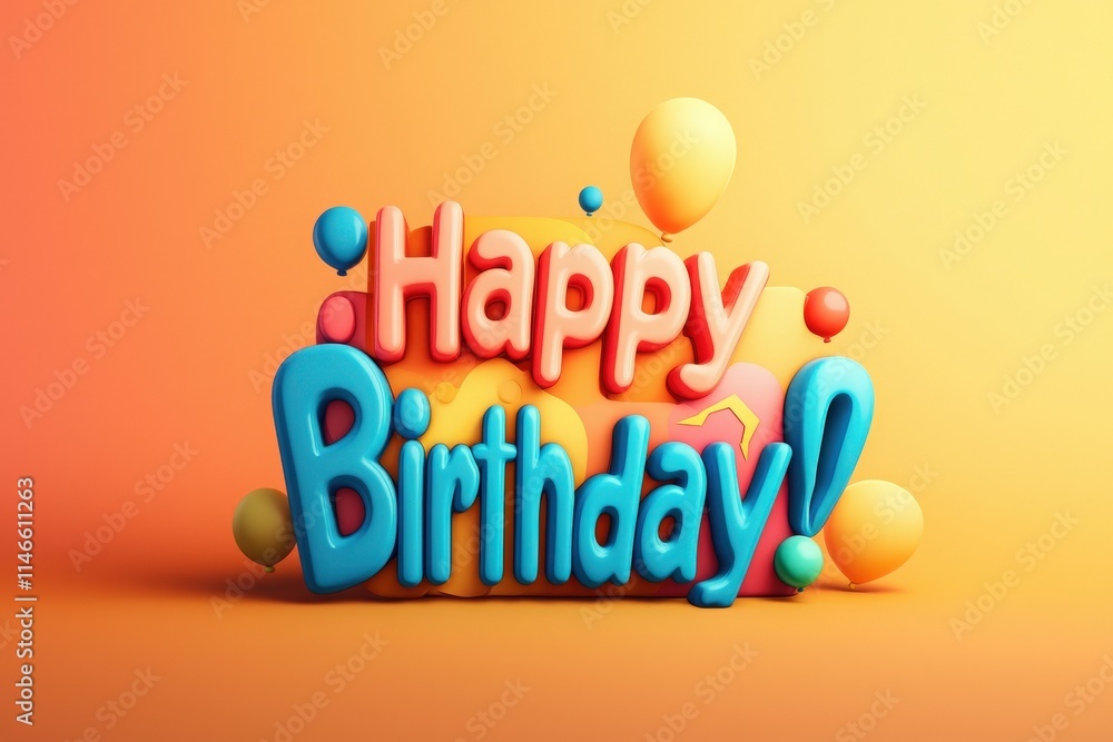 A vibrant birthday greeting featuring large lettering in bright colors surrounded by playful balloons. This festive design conveys joy and celebration, perfect for marking a special day.