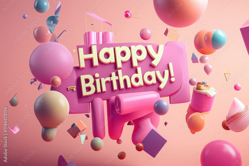 A vibrant birthday greeting filled with playful geometric shapes and cheerful colors showcases the message Happy Birthday! in a lively and festive manner, perfect for any celebration.