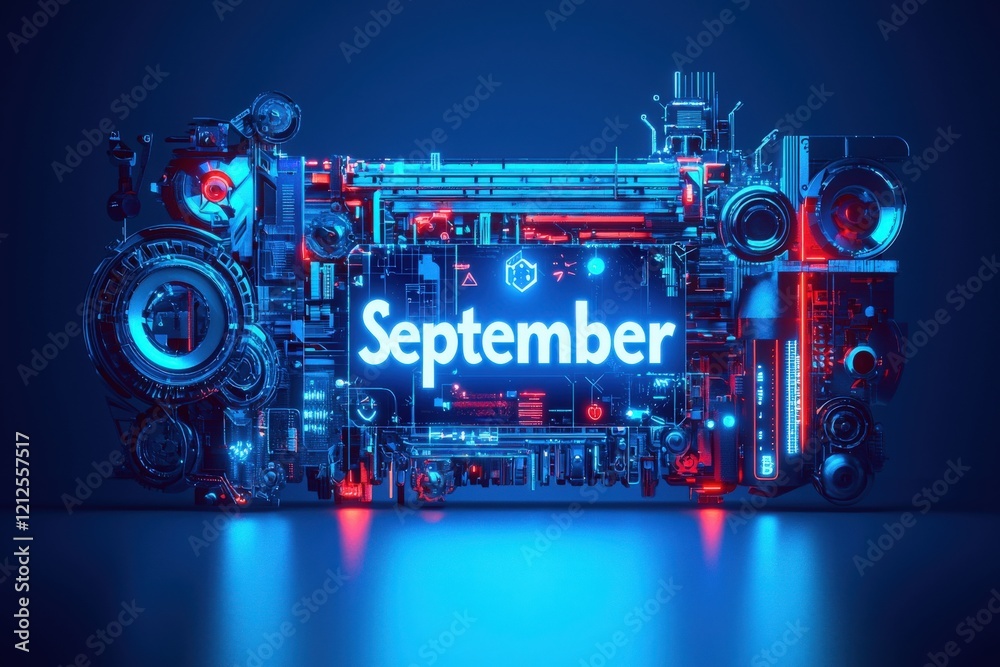 A vibrant blue and red digital setup prominently features the word September. Intricate electronic components surround the text, creating a modern, high-tech appearance.