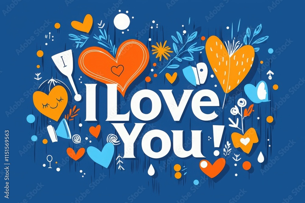 A vibrant blue background features various hearts, flowers, and playful designs, conveying a joyful message of love. Bold text reads I Love You! in a cheerful, artistic style.