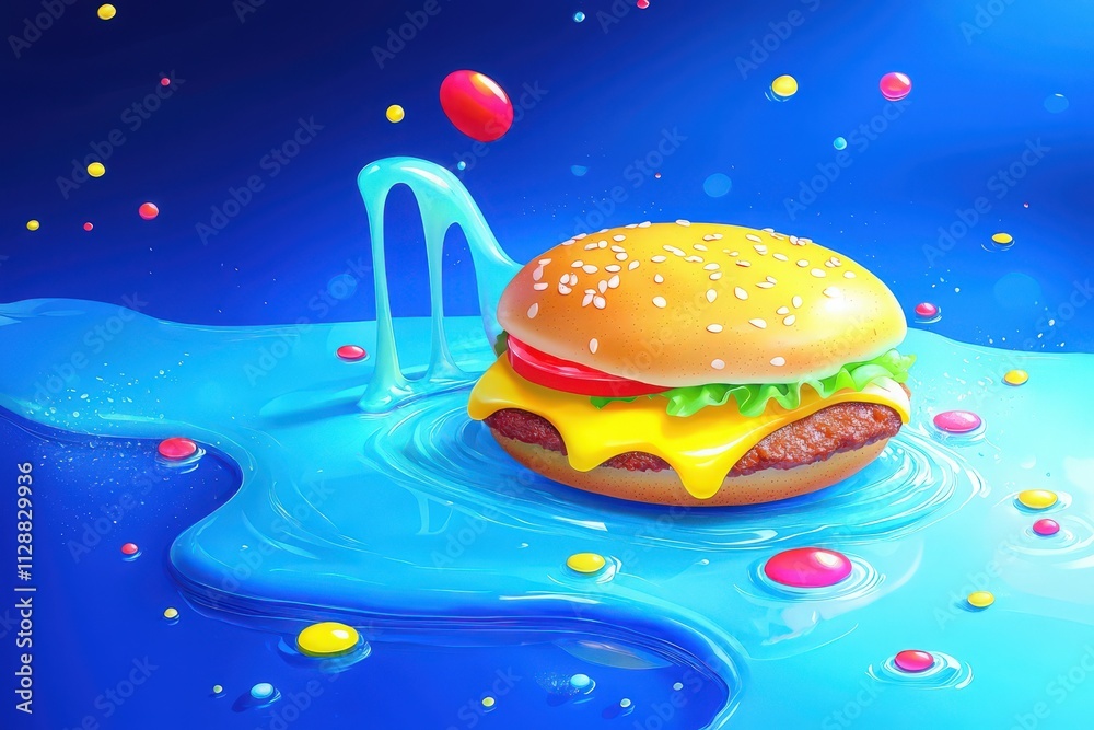 A vibrant burger featuring a sesame seed bun, cheese, lettuce, and tomato floats on a bright blue liquid. Colorful candies surround the burger, creating a fun and whimsical atmosphere.