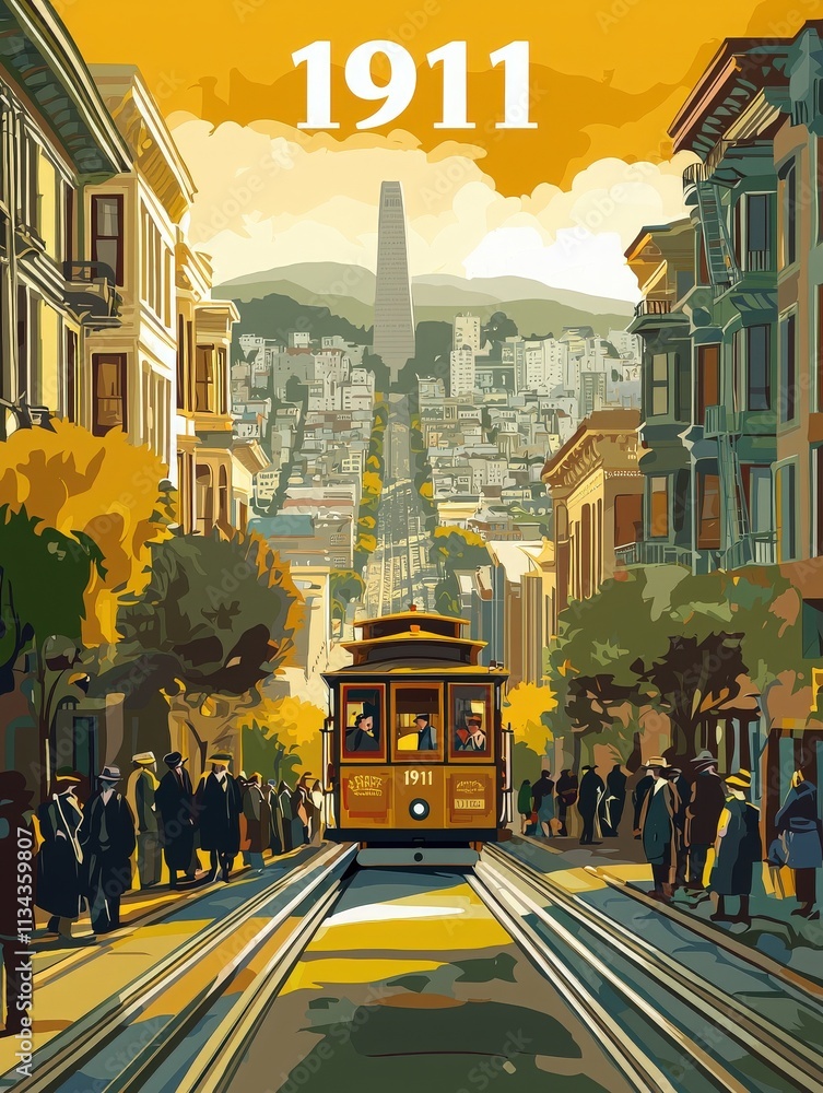 A vibrant cable car travels down a steep San Francisco street in 1911, framed by city buildings and iconic landmarks. Autumn colors illuminate the scene as people gather along the tracks.