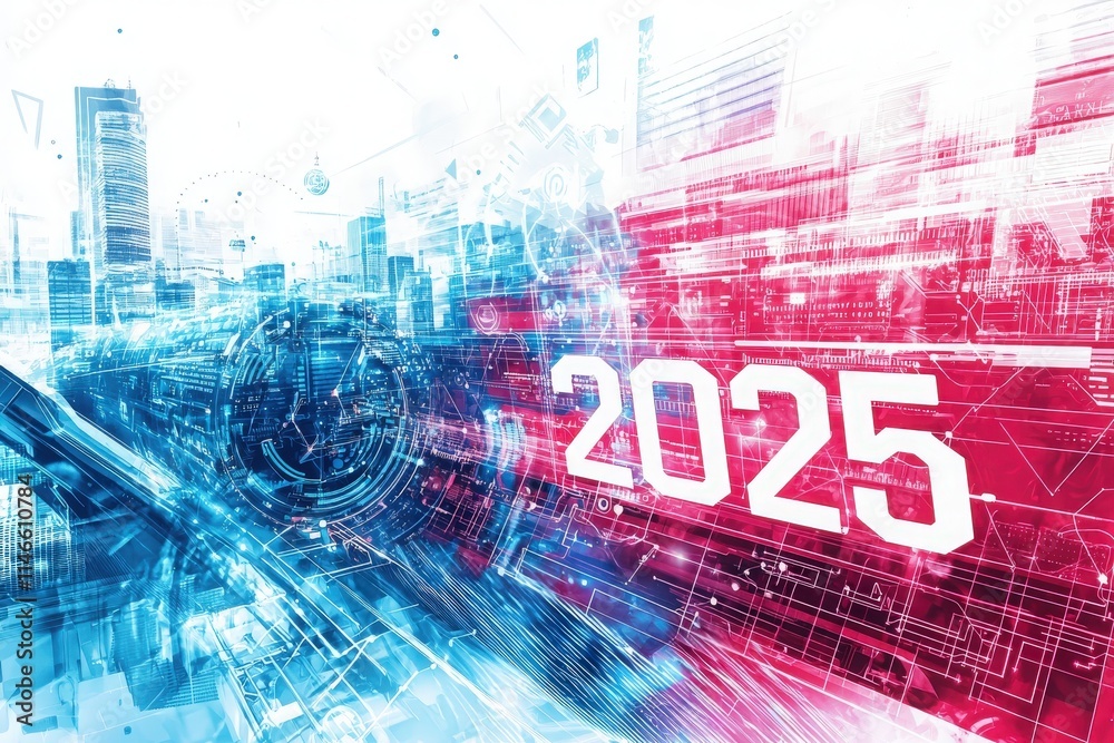 A vibrant city skyline integrates advanced technology and innovation, showcasing digital elements and a futuristic theme indicative of the year 2025. Bright colors and dynamic patterns evoke progress.