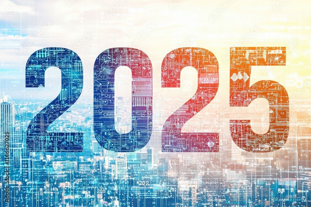 A vibrant city skyline is depicted with the year 2025 prominently displayed. The numbers integrate technology patterns, symbolizing innovation and progress in urban landscapes.