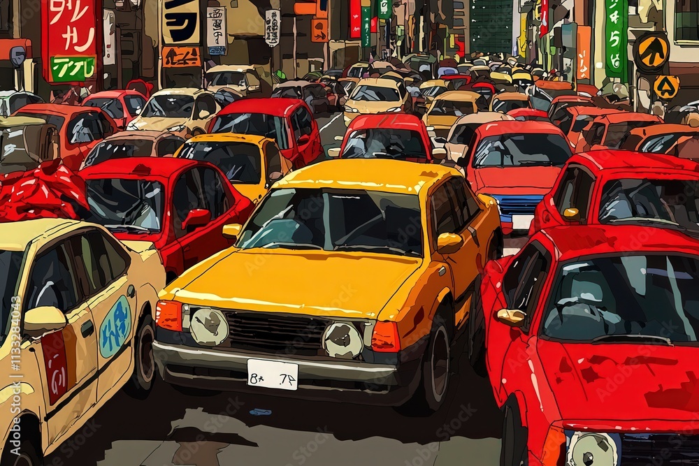 A vibrant city street is packed with numerous taxis, primarily red and yellow, creating a lively urban atmosphere. The activity reflects a typical busy day in a metropolitan area.