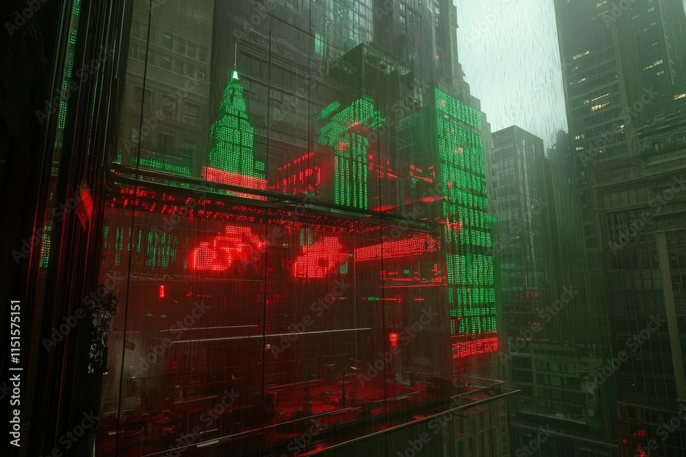 A vibrant cityscape showcases towering skyscrapers adorned with neon green and red lights. Rain pours heavily, creating a reflective surface on the glass buildings while highlighting the colors.