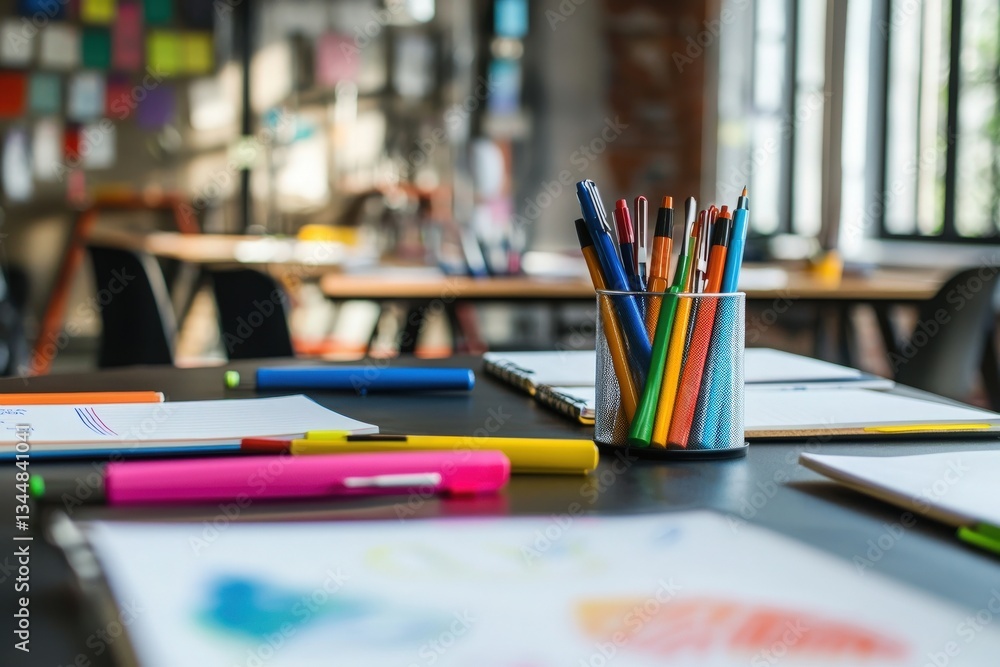 A vibrant collection of markers, colored pencils, and sheets of paper are neatly arranged on a table. Sunlight filters through large windows, creating an inviting atmosphere for artistic activities.