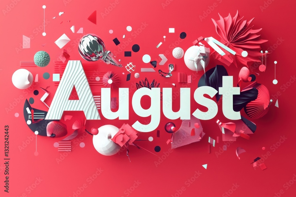 A vibrant composition featuring the word August in large, bold letters surrounded by an array of colorful geometric shapes and textures.